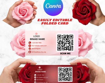 de Carte de visite pliée de couleur rose | Mise en page modifiable du code QR pour le marketing d'entreprise (téléchargement numérique)