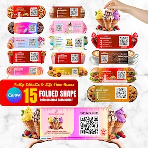 以下が含まれることがあります： 15種類の折り畳み式フードビジネスカードテンプレートのコレクション。ピザ、カップケーキ、アイスクリーム、ポップコーン、ハンバーガーなど、さまざまな食品がデザインされています。各カードにはQRコードとブランド名と連絡先情報のスペースが含まれています。