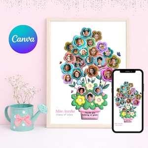Puede incluir: Una obra de arte enmarcada con caras de niños dispuestas en forma de flor, con el nombre de un profesor y el texto "Gracias por ayudarnos a crecer". Un smartphone muestra la misma imagen. Una regadera turquesa con un lazo rosa.