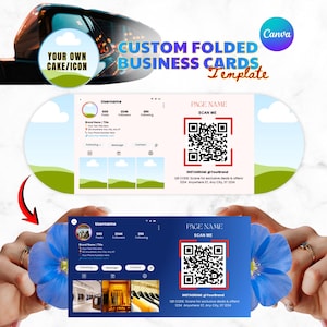 Puede incluir: Plantilla para tarjetas de visita plegadas personalizadas. El diseño incluye una maqueta de perfil de Instagram y un código QR. El texto incluye "Your Own Cake/Icon", "Canva" y "Scan Me".