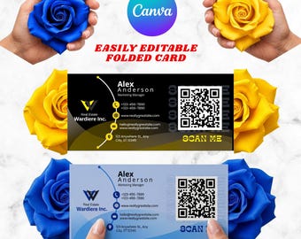 Modèle de carte de visite rose pliée | Design Canva avec code QR modifiable (Téléchargement numérique)