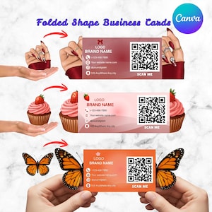 Modelli di biglietti da visita pieghevoli modificabili per Canva, con farfalle fustellate, cupcake e design a tema bellezza (download digitale)