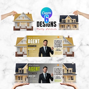 May include: A promotional graphic for real estate agents features six editable designs. The designs include images of houses, a QR code, and a professional headshot. Text includes "Real Estate Agent" and "Scan to Learn More."
