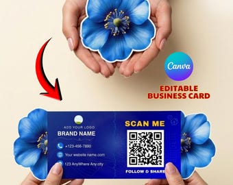 de Carte de visite pliée fleur bleue | Canva QR code découpé à l'emporte-pièce (téléchargement numérique)