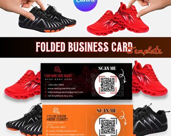 Modèle de carte de visite pliée, carte de contact avec code QR pour magasin de chaussures (téléchargement numérique)