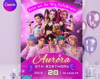Invitation pour une soirée K-Pop Chasseurs de Démons | Invitation d'anniversaire K-Pop modifiable | Modèle Canva (Téléchargement numérique)