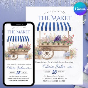 May include: A bridal shower invitation featuring a watercolor illustration of a flower cart with blue and white striped awning. The invitation includes the text "she's fresh off THE MAKET" and details for the event, including the date, time, and location.