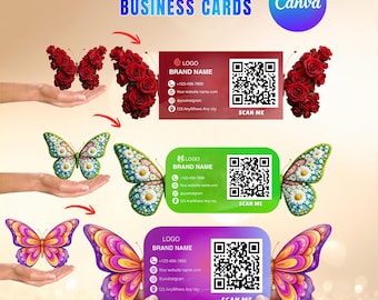Carte de visite 3D papillon pliable, modèle de carte de code QR modifiable Canva (téléchargement numérique)