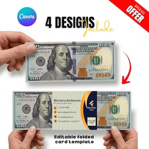 May include: A business card template design featuring a folded card with a $100 bill design. The card includes contact information for Mariana Anderson, a business logo, and a QR code. The image also includes the text "4 Designs Include" and "Editable folded card template."
