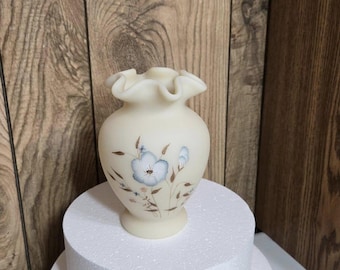 Fenton Satin Custard 6.5” Vase Hand Painted Signed