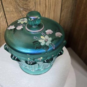 Fenton art glass green lidded candy dish hand painted