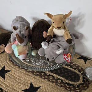 May include: Five plush toys, including a rhino, a bear, a deer, a koala, and a tie-dye bear, are arranged on a clear glass plate with a silver rim. The plate is sitting on a brown and black woven rug with black stars.