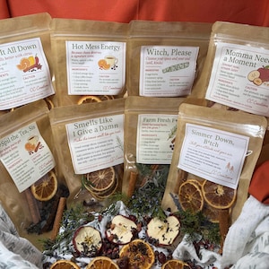 May include: A collection of clear, sealed bags filled with dried herbs, spices, and citrus slices. Each bag has a label with a unique name and ingredient list, such as "Burn It All Down" and "Hot Mess Energy." The bags are arranged in a basket with dried fruit and greenery.