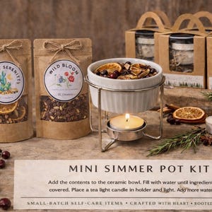 Kit mini sudderpot | Keramische kom, theelichtjes en botanische mix van 4 oz