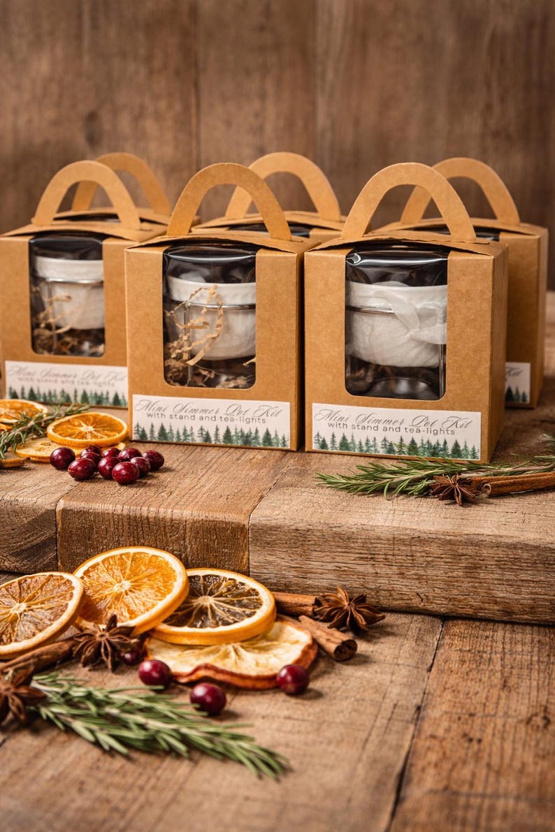 May include: Several gift boxes with handles, each containing a glass jar with a white candle and decorative elements. The boxes are brown with a clear window. Dried orange slices, cranberries, and spices are arranged on a wooden surface.