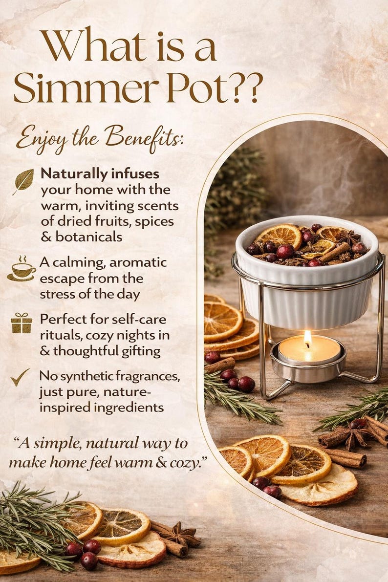 May include: A white simmer pot with dried fruit and spices, heated by a lit candle. The image includes text that reads "What is a Simmer Pot??" and "Enjoy the Benefits:" promoting natural home fragrance.