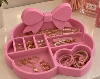 Bow Jewelry Organizer Tray, 3D Printed Vanity Storage with Heart Dish for Rings, Earrings and Necklaces, Gift for Her