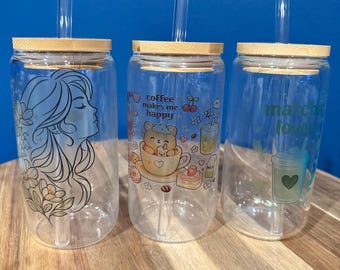 16oz Glass Can Cup | UV Printed Stained Glass Style Tumbler with Bamboo Lid