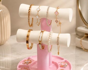 Modern Jewelry Organizer Stand with Accessory Tray, 2-Tier Bracelet Watch Necklace Holder, 3D Printed Vanity Storage