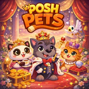 May include: A digital illustration titled POSH PETS featuring a central gray dog wearing a crown and cape, holding a scepter. To the left, a panda wears a crown and holds a teacup. To the right, a cat wears a crown and pearls near a diamond.