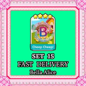 May include: A digital game card featuring a large letter B, four yellow stars, and the text Cheep Cheep! The card displays a cartoon scene with small yellow chicks on a green field. Below the card, the text reads SET 15 FAST DELIVERY Bella Alice.