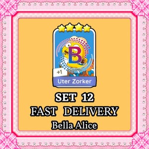 May include: A digital game card featuring a yellow character with a mustache, the letter B, and four yellow stars at the top. The card is labeled Uter Zorker with a +1 indicator. Below the card, the text reads SET 12, FAST DELIVERY, and Bella Alice.