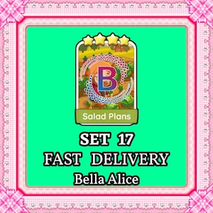 May include: A digital game card titled Salad Plans featuring a character in a garden, topped with four yellow stars. Below the card, the text reads SET 17, FAST DELIVERY, and Bella Alice, all framed by a bright pink border on a green background.