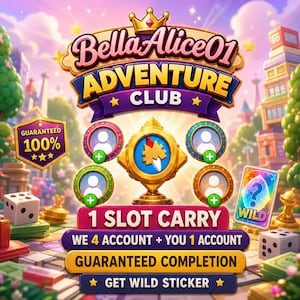 Op de afbeelding: Een digitale afbeelding voor BellaAlice01 Adventure Club met een centraal gouden embleem, vier ronde gebruikersslots en een wildkaart-icoon. De tekst bevat 1 SLOT CARRY, WE 4 ACCOUNT + YOU 1 ACCOUNT, GUARANTEED COMPLETION en GET WILD STICKER.