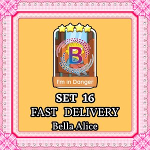 May include: A rectangular digital trading card featuring a yellow cartoon character sitting in a chair, overlaid with a large letter B and a circular pattern. The card displays four yellow stars, the text I'm in Danger, SET 16, FAST DELIVERY, and Bella Alice.