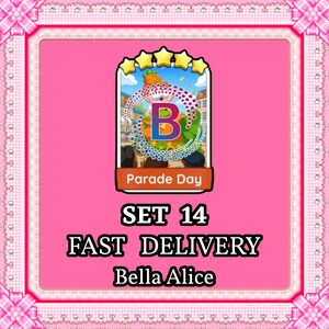May include: A digital game card featuring a central illustration of a carrot-themed parade float with a large letter B, five yellow stars at the top, and the text Parade Day. Below the card, the text reads SET 14, FAST DELIVERY, and Bella Alice.