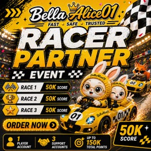 Op de afbeelding: Een promotionele afbeelding voor het Bella Alice01 Racer Partner Event met twee cartoonkonijnen in een gele racewagen met nummer 01, een vos in een wagen met nummer 02, en tekst over racescores, 1 spelersaccount en 150K totaal aan punten.