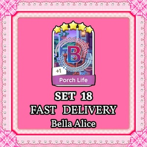 May include: A digital game card titled Porch Life from Set 18, featuring a central letter B surrounded by a circular pattern of small blue dots. The card displays five yellow stars at the top, a plus one indicator, and the text Porch Life below.