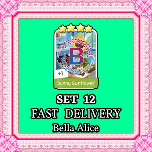May include: A digital game card featuring a sunflower illustration, a large letter B, and the text Sunny Sunflower, +1, SET 12, FAST DELIVERY, and Bella Alice, framed by a pink decorative border against a bright green background.