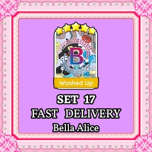 May include: A digital game card featuring a central illustration of a black and blue cartoon character, a large letter B, and five yellow stars at the top. The text reads Washed Up, SET 17, FAST DELIVERY, and Bella Alice on a light purple background.
