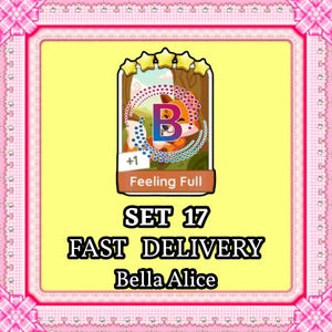 May include: A digital graphic with a fox illustration and the letter "B" in a circle, with the words "Feeling Full" and "SET 17 FAST DELIVERY Bella Alice". The image has a yellow background and a pink decorative border.