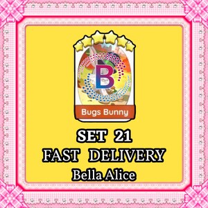 May include: A digital game card featuring a Bugs Bunny illustration with five yellow stars above it, a large letter B in a circular dotted frame, and the text Bugs Bunny, SET 21, FAST DELIVERY, and Bella Alice on a bright yellow background.