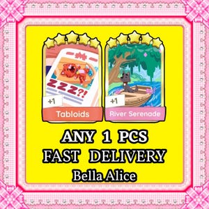 May include: Two illustrated cards with star accents. One card features a sleeping orange cat with the word "Tabloids". The other card shows a dog in a boat with the words "River Serenade". The text "ANY 1 PCS FAST DELIVERY Bella Alice" is also present.