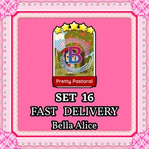 May include: A digital game card featuring a character in a red hood standing under an apple tree, topped with five yellow stars. The card displays the text Pretty Pastoral, SET 16, FAST DELIVERY, and Bella Alice against a bright pink background.