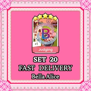 May include: A digital game card featuring a five-star rating, a central letter B, and the text Judging. The card displays a cartoon cow and pig in a fairground setting, with the text SET 20, FAST DELIVERY, and Bella Alice below the card.
