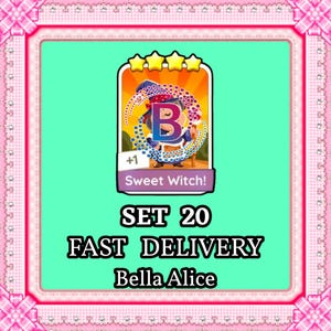 以下が含まれることがあります： ピンクとグリーンのボーダーのデジタルグラフィック。中央の画像は、魔女のイラストと「Sweet Witch!」と「SET 20」のテキストが入ったカードです。カードには大きな文字「B」と4つの金の星があります。