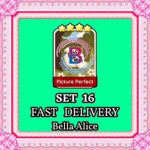 May include: A rectangular digital card featuring a central illustration of a sheep, a large letter B, and four yellow stars. The card displays the text Picture Perfect, SET 16, FAST DELIVERY, and Bella Alice against a bright green background.