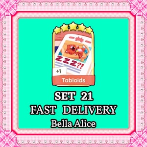 May include: A card with a cartoon cat sleeping on a bed, with the text "ZZZ?!" and "+1". The card is labeled "Tabloids" and is part of "SET 21". The image also includes the text "FAST DELIVERY" and "Bella Alice".