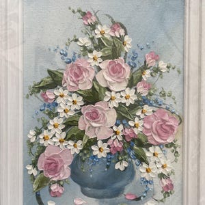 Peinture à l'huile, nature morte, roses roses et marguerites, art, décoration d'intérieur, émotions, cadeau mural.