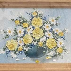 Peinture à l'huile, nature morte, bouquet de roses jaunes et de marguerites, réalisme, fait main, art mural, décoration intérieure, émotions, cadeau mural