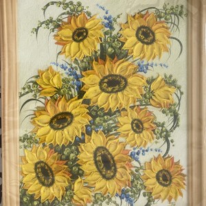 Peinture à l'huile, nature morte, tournesols, art, décoration intérieure, émotions, cadeau mural.