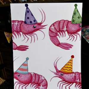 Shrimp art print | Acrylic shrimps with party Hats | Fun seafood wall decor