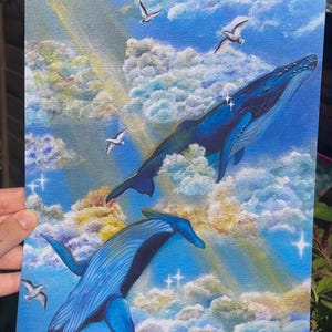 A4 Kunstdruck | Buckelwale am Himmel | Surreales Acrylbild | Traum eines Ozeans