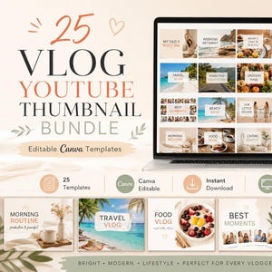 25 Editable Vlog YouTube Thumbnail Templates (Canva Bundle)