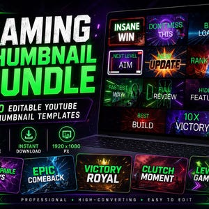 May include: A digital gaming thumbnail bundle featuring 10 editable YouTube templates displayed on a laptop screen. The graphic includes neon green text reading GAMING THUMBNAIL BUNDLE, 10 EDITABLE YOUTUBE THUMBNAIL TEMPLATES, and icons for Canva, instant download, and 1920x1080 px.