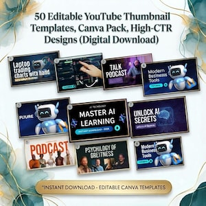 50 Editable YouTube Thumbnail Templates, Canva Pack, High-CTR Designs (Digital Download)